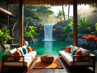 Fototapeta premium Tranquil Opulence: A Stunning Tropical Escape with a Chic Open-Air Lounge Overlooking a Peaceful Emerald-Green Lagoon, Offering the Perfect Fusion of Luxury, Comfort, and Serenity
