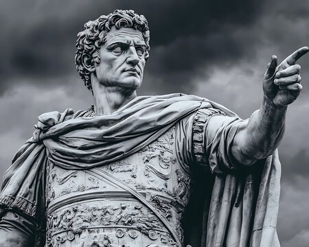 A detailed grayscale sculpture depicts an ancient historical emperor - Powered by Adobe