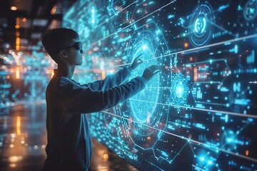 person interacting with futuristic digital touchscreen interface, augmented reality concept, clean