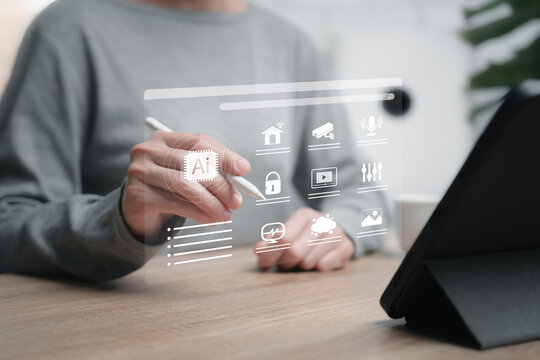 AI, Artificial intelligence Analyze conditions of things in daily life. Women use tablets and ai technology analyzing safety and potential risks for life, Smart home, Security, Data, Climate, Health