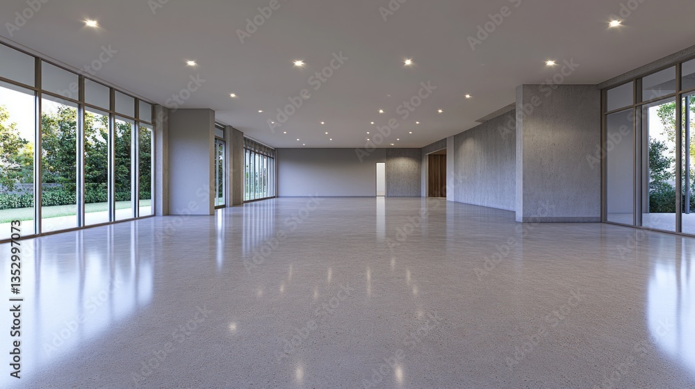 Poster spacious modern empty hall with large windows and garden view