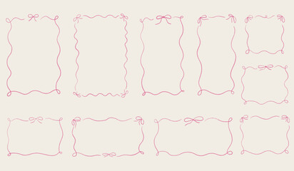 Hand drawn coquette bow ribbon frame set. Chalk wavy pencil texture doodle curly borders collection. Different sizes: wedding invitation, greeting card, postcard design. Vintage vector illustration