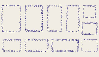 Hand drawn scalloped frame set. Chalk scribble wavy pencil texture doodle curly borders collection. Different sizes: wedding invitation, greeting card, postcard design. Vintage vector illustration