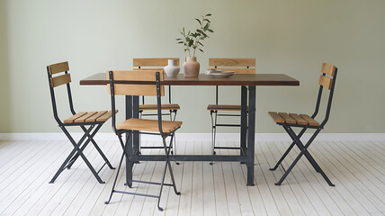 Rustic wooden dining table and chairs light background minimalist style