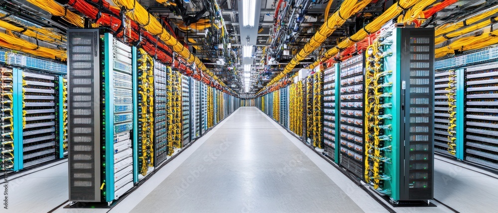 Poster a modern data center showcasing rows of servers and cables