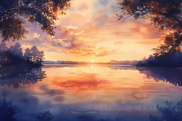 Obraz premium Golden Sunset Over Tranquil Lake: A Serene Watercolor Landscape Capturing Nature's Peace and Beauty