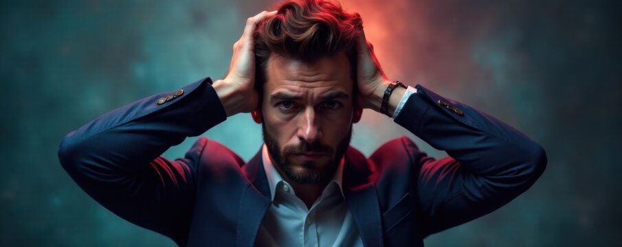 Deeply thought pensive figure with hands clasped behind head, , abstract