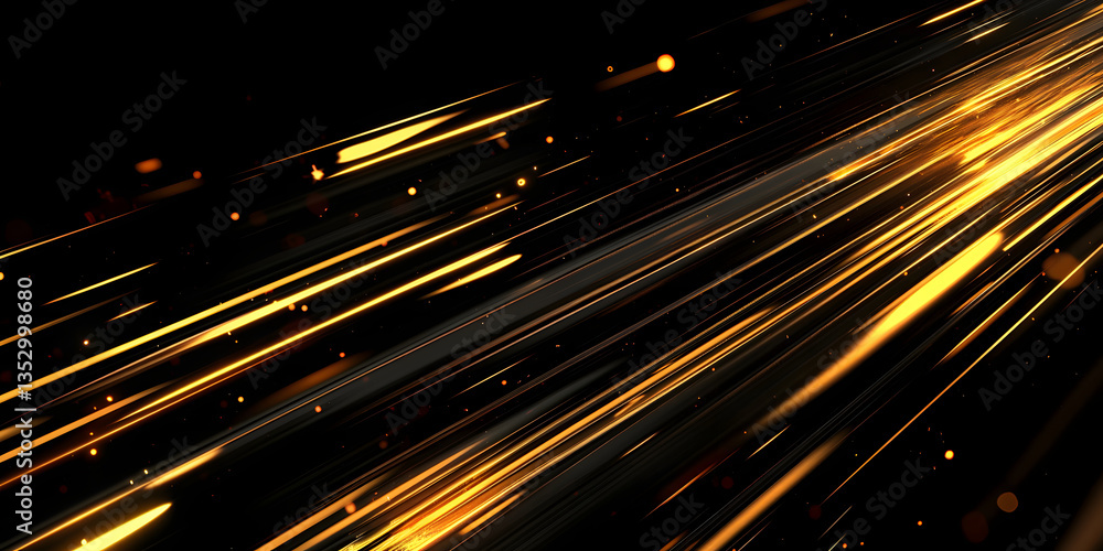 Poster rays of yellow-golden light in dark space. traces of energy. neon shiny lines create the effect of d