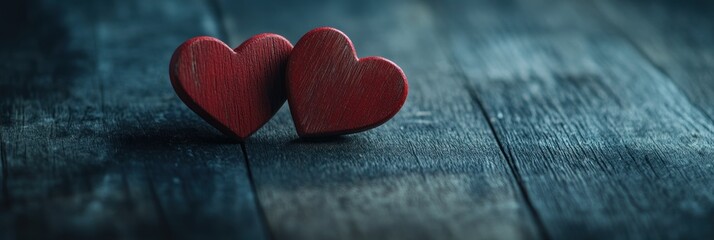 Two red hearts on dark wood, romantic backdrop, Valentine's Day card