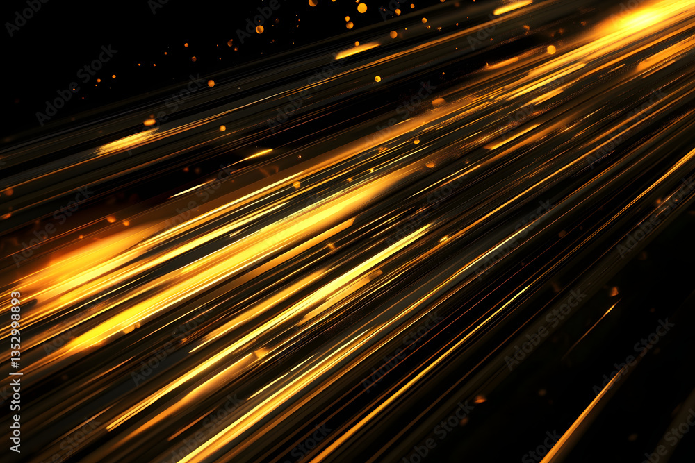 Poster rays of yellow-golden light in dark space. traces of energy. neon shiny lines create the effect of d