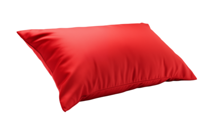 A vivid red rectangular pillow resting diagonally against a stark black background spaceisolated on transparent background