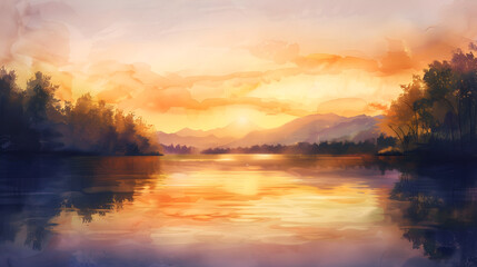 Golden Sunset Over Tranquil Lake: A Serene Watercolor Landscape Capturing Nature's Peace and Beauty