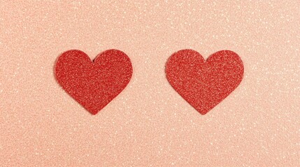 Fototapeta premium Two red hearts on pink glitter, Valentine's Day card