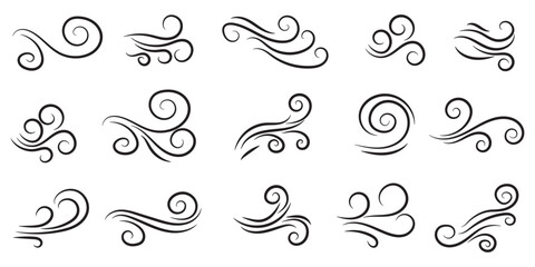 Wind linear sketch set, wind blow line icon. Isolated vector illustration. Wind motion, air blow, swirl elements. Air blow motion, smoke flow art, windy weather symbol, abstract curved line. © Artopedia_1