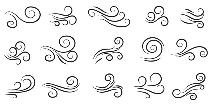 Wind linear sketch set, wind blow line icon. Isolated vector illustration. Wind motion, air blow, swirl elements. Air blow motion, smoke flow art, windy weather symbol, abstract curved line.