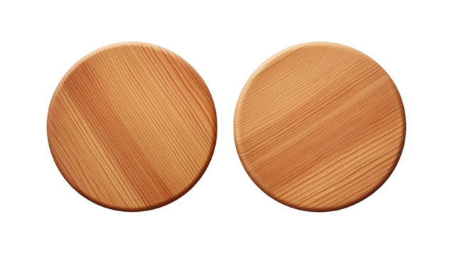 Two wooden circles with visible wood grain patterns side by side on a black backgroundisolated on transparent background