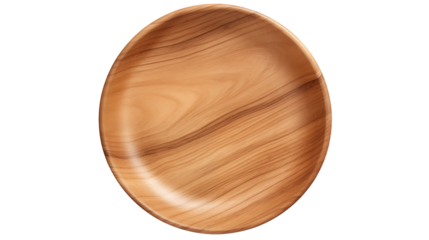 A top down view of a round wooden bowl with visible wood grain on a black backgroundisolated on transparent background