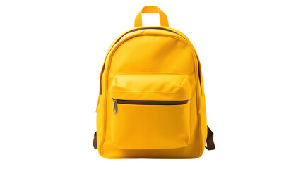 A vibrant yellow backpack with a front pocket and handle against a black background spaceisolated on transparent background