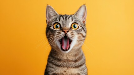 Obraz premium Astonished Tabby Cat Against Vibrant Yellow Background