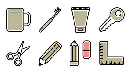 Everyday essentials: Simple flat icons of a mug toothbrush toothpaste key scissors pencil pill and a right angle ruler