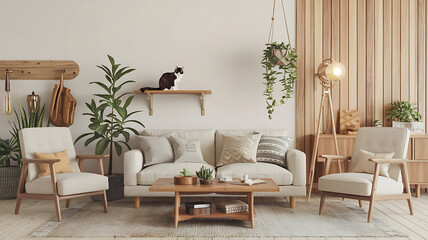 Cozy minimalist living room with natural wood tones