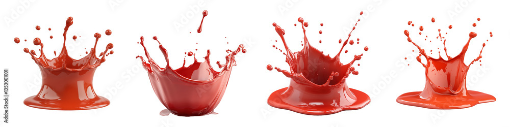 Aufkleber red paint splashes showcasing droplets rivulets abstract shapes fluid dynamics captured in stages.