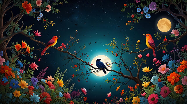 Colorful Birds on Branches Beneath a Starry Moonlit Sky

