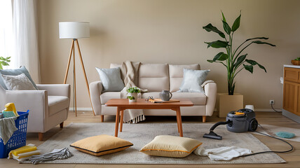 Cozy living room cleaning in progress beige tones modern style