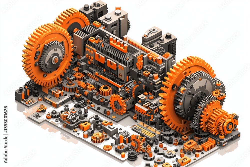 Aufkleber Isometric orange and black mechanical system with gears and components showcasing engineering precision, automation, technology, and industrial design complexity, Generative AI