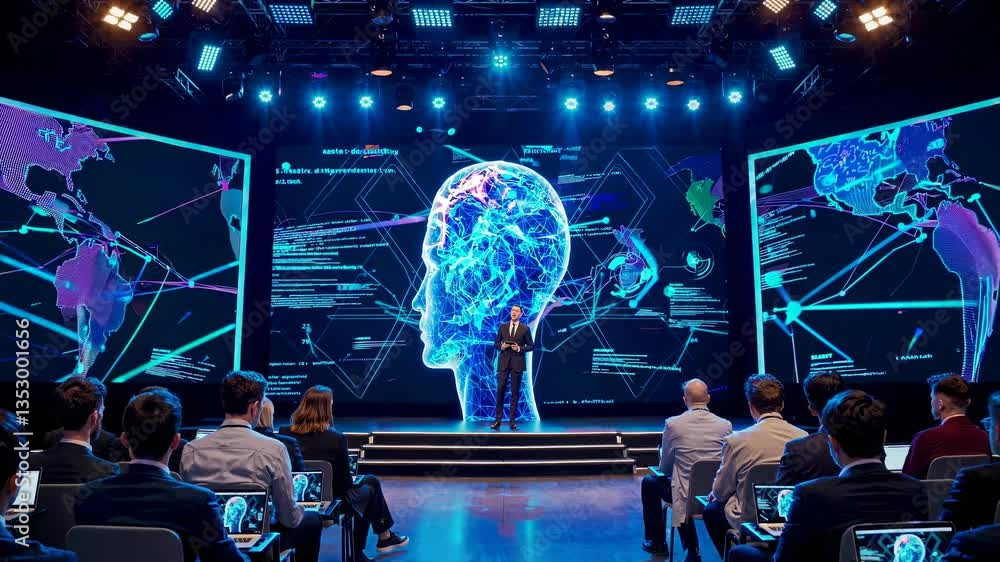 Poster technology conference presenting holographic brain visualization with digital network mapping, featu