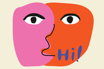 Abstract Faces: A modern art piece showcasing two stylized faces in vibrant hues, embodying connection and greeting with a simple 