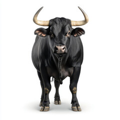 Naklejka premium A strong bull stands proudly against a clean white backdrop, showcasing its impressive stature and muscular build.