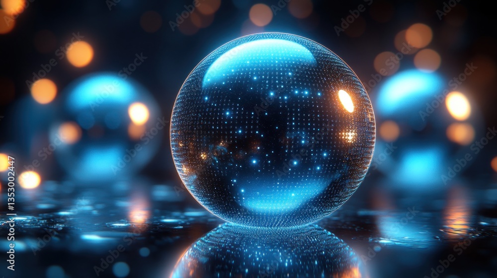 Poster luminous sphere with digital data patterns, reflecting on dark surface