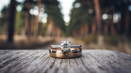 Elegant engagement rings on rustic wood forest backdrop
