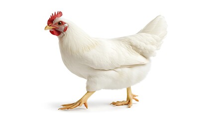 Fototapeta premium A single white hen is walking across a plain white background