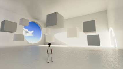 Surreal 3d render of a large white room with white cubes floating in space in the room.  A young woman looks up at the sight.