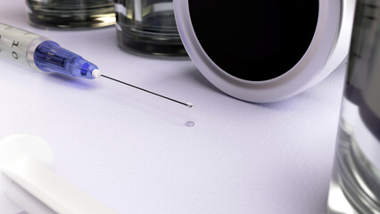 3d render of a syringe with a drop of clear liquid next to some vaccine vials.