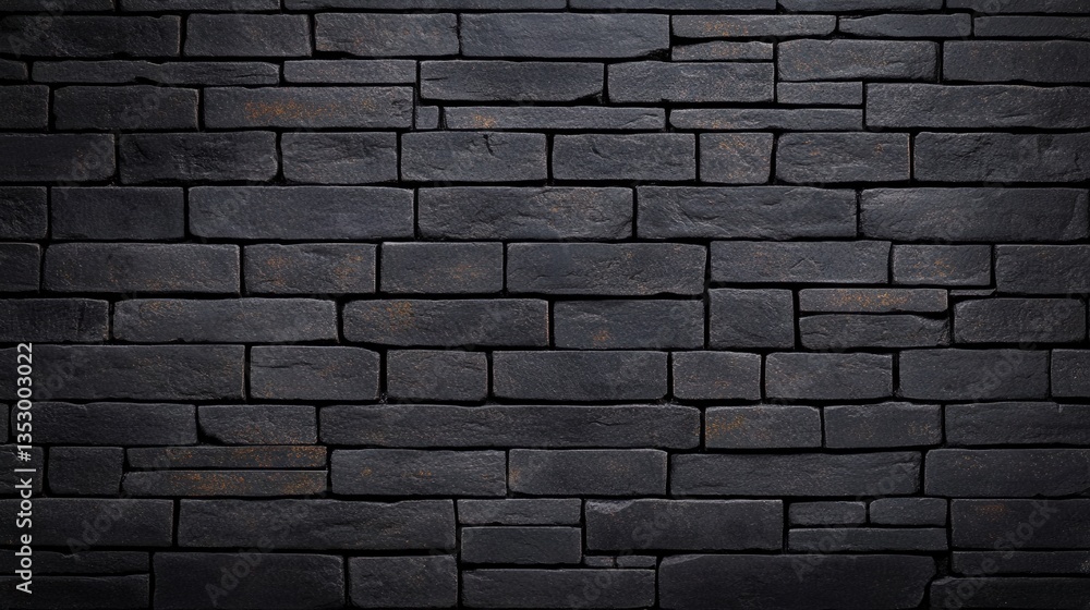 Poster textured black stone wall with a uniform pattern of rectangular bricks.