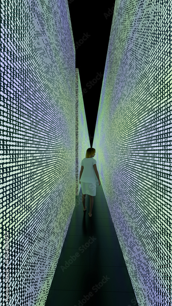 Aufkleber 3d render of a woman walking down and looking around a long hallway of illuminated binary digits.