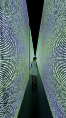 3d render of a woman walking down and looking around a long hallway of illuminated binary digits.