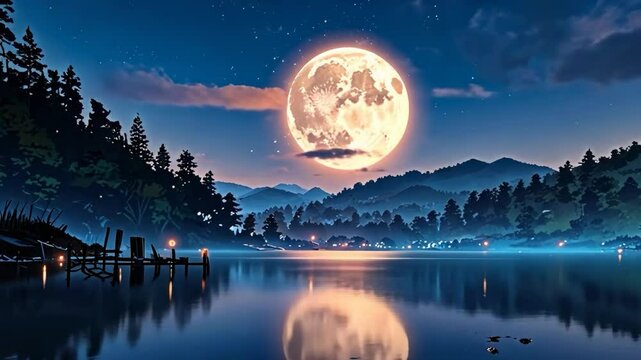 Full Moon Reflected in a Peaceful Mountain Lake