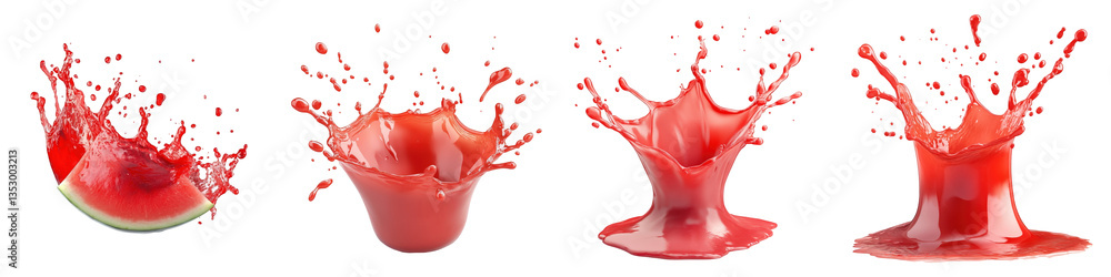 Aufkleber vibrant red watermelon juice splashing from a slice showcases dynamic flowing forms and droplets.