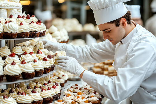 A young baker in uniform carefully arranges delicious cupcakes with whipped cream and berry toppings in a bustling bakery.
