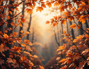 Autumn Forest Landscape with Orange Leaves and Soft Golden Light