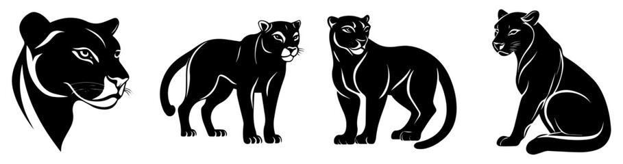 Black Panther Silhouette Vector Set, Elegant and Powerful Big Cat Illustrations for Wildlife, Nature, and Logo Design