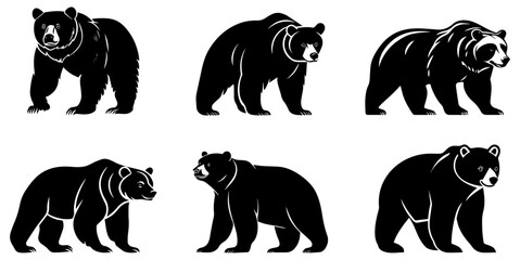 Bear Silhouette Vector Set, Wildlife Black and White Clipart for Logos and Design Projects
