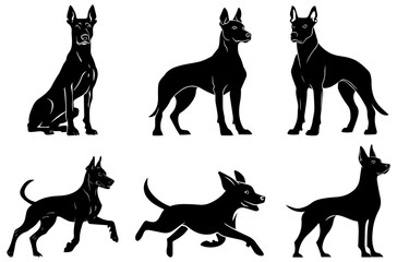 Doberman Dog Silhouette Vector Set, Sitting, Standing, and Running Poses