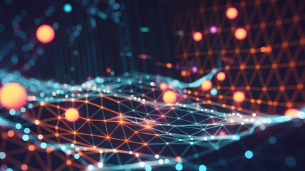 Obraz premium Digital Network: A vibrant and intricate digital network illustration, depicting interconnected nodes and flowing data streams.