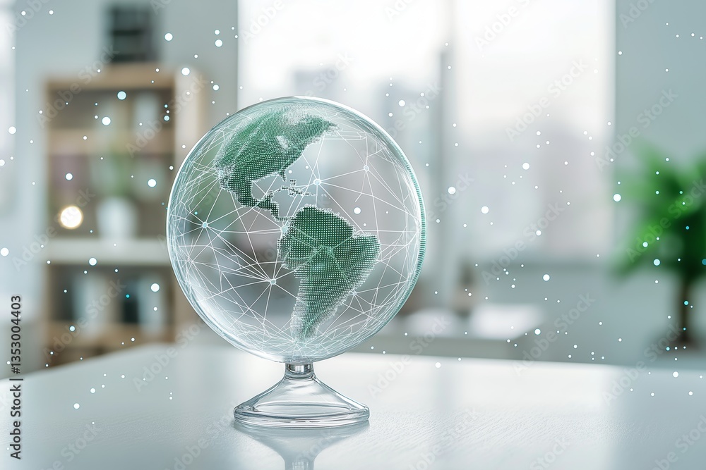 Poster Transparent glass globe with network connections visualizing a digitally connected planet and sustainable global data communication concept in clean office space, Generative AI