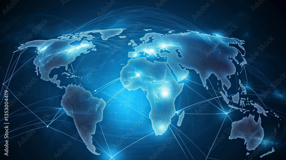 Poster digital world map with interconnected lines and nodes representing global connectivity and technolog